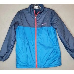 Boys Patagonia Blue Navy Red Reversible Zip-Up Jacket Sherpa Lined size L/12 EUC